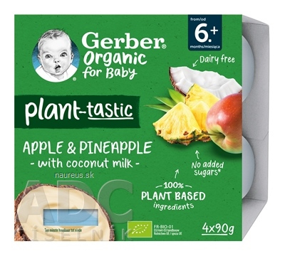 Nestlé France Gerber Organic Rostlinný dezert Jablko a ananas s kokosovým mlékem (od ukonč. 6. měsíce) 4x90 g